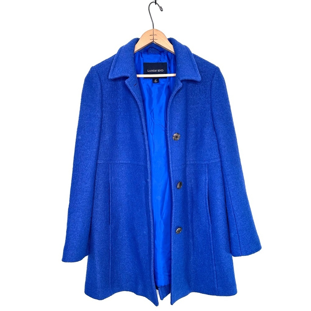Lands’ End | Royal Blue Boiled Wool Button Down Winter Dress Coat Size 4P - Picture 2 of 9